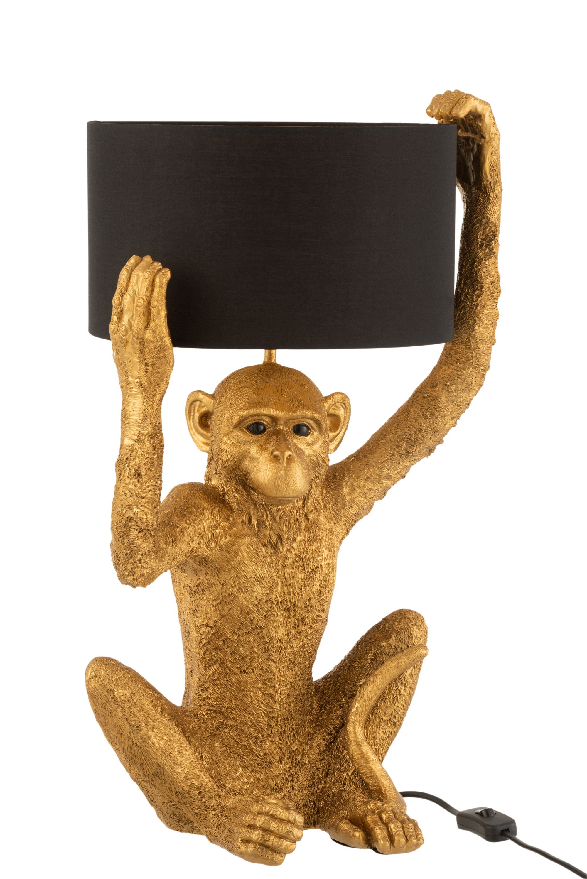 Bordlampe i guld med abe, der holder skrm