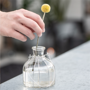 Glasflaske med wire og ophæng til blomster og lys