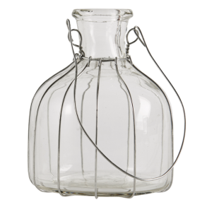 Glasflaske med wire og ophæng til blomster og lys