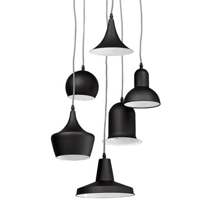 Loftslampe med 6 forskellige pendler i sort