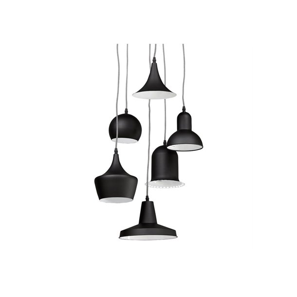 Loftslampe med 6 forskellige pendler i sort